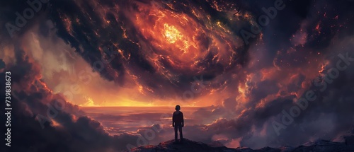 boy looking at burning cloud over ocean, fantasy scenery background wallpaper, Ai Generated photo