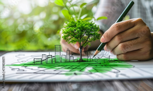 Person sketching a sustainable green city concept with eco friendly buildings and a tree on paper, representing urban planning and environmental conservation photo