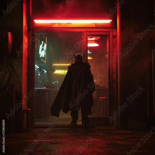 Futuristic bounty hunter with a cloak billowing in the wind, standing in the doorway of a dimly lit establishment. Man in a black cape standing in front of a door at night.
