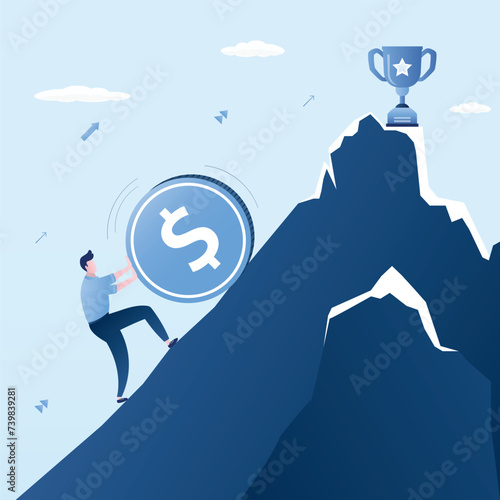 Businessman is rolling big dollar coin on mountain. Entrepreneur strives and reaches goals, profit or achieves success, corporate concept, business or professional success.