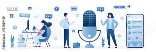 Podcast, radio, live show. Media host at workplace. Cute woman podcaster, blogger or broadcaster at workspace. Characters create media content. Online interview.