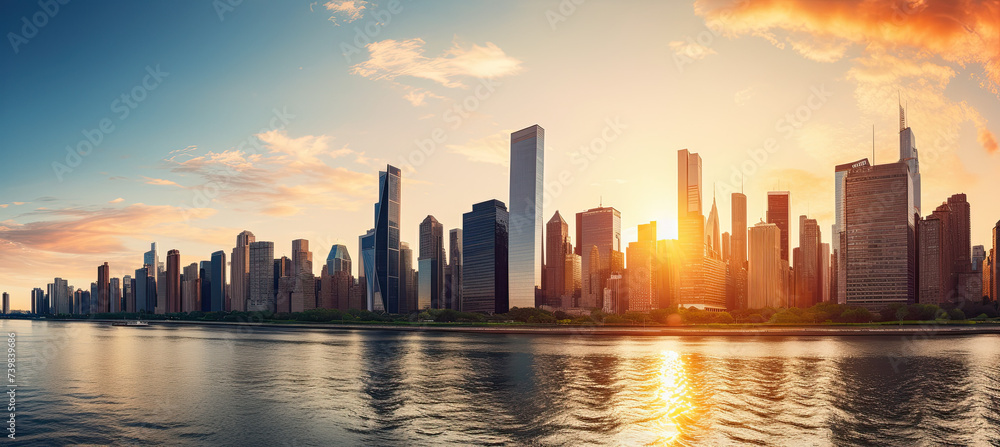 Sunset Panorama a city with Skyscrapers. peaceful background