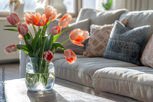 Red Tulips in Glass Vase Next to Couch in Light-filled Interior