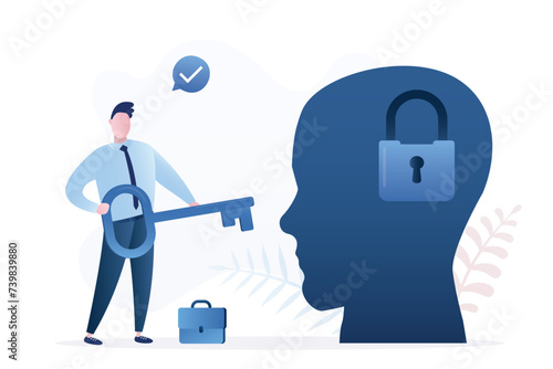 Psychologist unlock mind with key. Unlock creative thinking in yourself, find secret key to generate brilliant ideas, brainstorming to create innovations