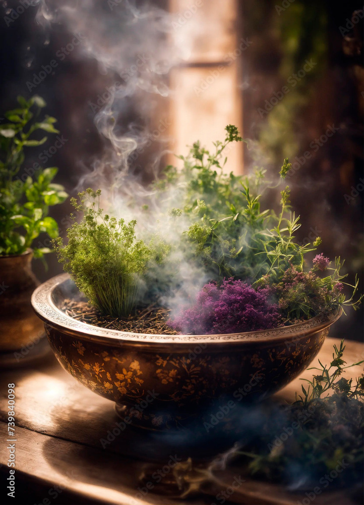 plate with herbs and incense on a forest background. Selective focus. plate with herbs and incense on a forest background. Selective focus.
