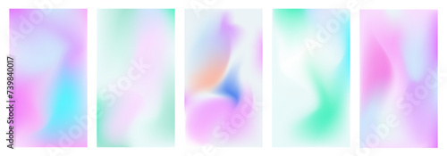 Vertical backgrounds set with a holographic effect. Blurred gradient in purple, blue, pastel green colors. Y2k techno backdrop. Neon minimalist futuristic art. Vector illustration.
