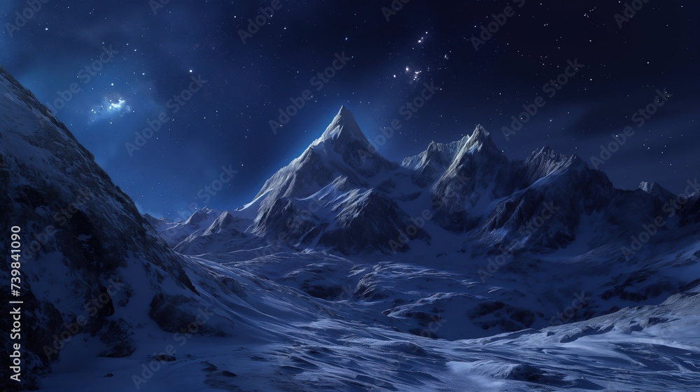 beautiful snow cap rocky mountain under starry night sky, winter background wallpaper,  Ai Generated