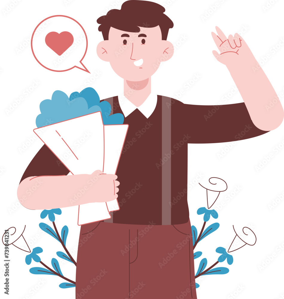 Male Character with Bouquet of Flowers to Express Love on Romantic Love Day Male Character with Bouquet of Flowers to Express Love on Romantic Love Day