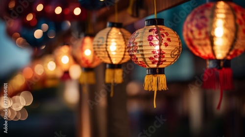 Bright festive lanterns strung up close up