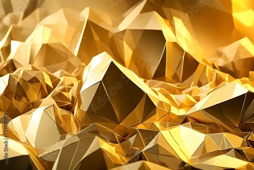 render, abstract gold crystal background, faceted texture, macro panorama, wide panoramic polygonal wallpaper