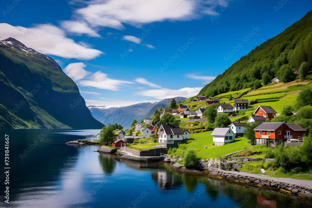 Harmonious Living in Nature's Lap: Mesmerizing View of Fjord Homes Amidst Majestic Cliffs and Pristine Waters