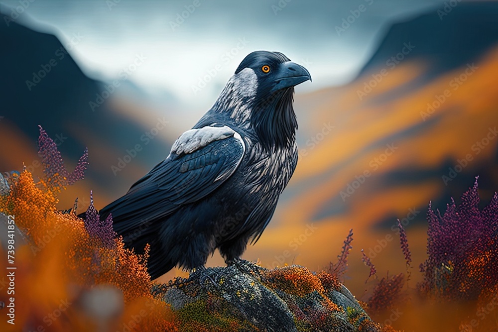 photo of a raven in a norwegian mountainous autumn landscape, Corvus corax, grey and black eyes - obrazy, fototapety, plakaty 
