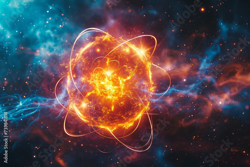 large atom model on blurred  blue background  futuristic fractal patterns  nanopunk