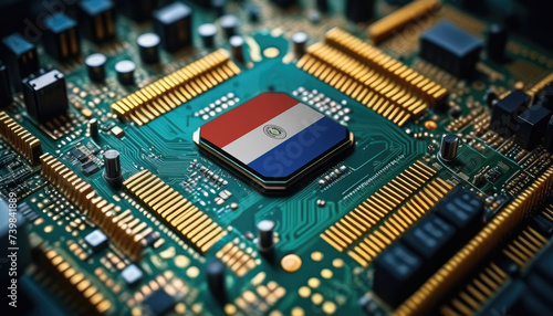 Paraguay flag on a processor, CPU or microchip on a motherboard. Concept for the battle of global microchips production.