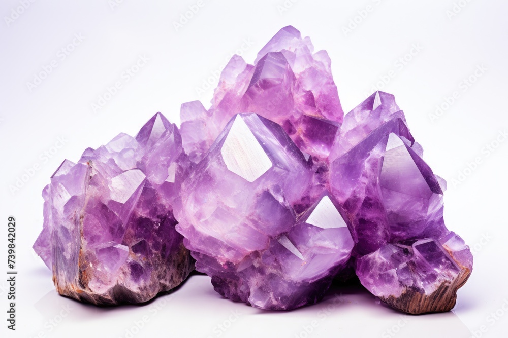 Isolated Crystal Stone: Macro View of Rough Purple Amethyst Quartz Mineral Crystals on White Isolated Crystal Stone: Macro View of Rough Purple Amethyst Quartz Mineral Crystals on White