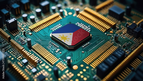 Philippines flag on a processor, CPU or microchip on a motherboard. Concept for the battle of global microchips production.