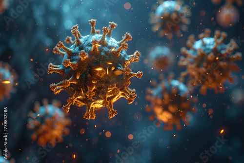 futuristic style golden coronavirus particles, scientific illustrations
