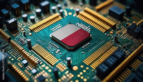Poland flag on a processor, CPU or microchip on a motherboard. Concept for the battle of global microchips production.