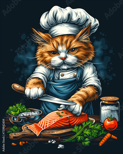 The cat is a chef, preparing fish for dinner. children's illustration for stickers, prints for clothes.