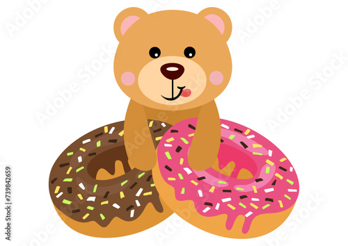 Funny teddy bear with strawberry and chocolate donuts