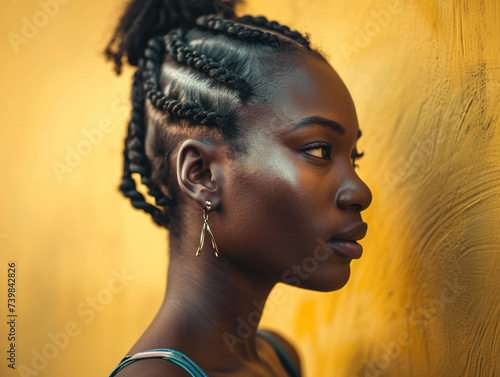 Young beautiful black woman with braids hairstyle, profile view