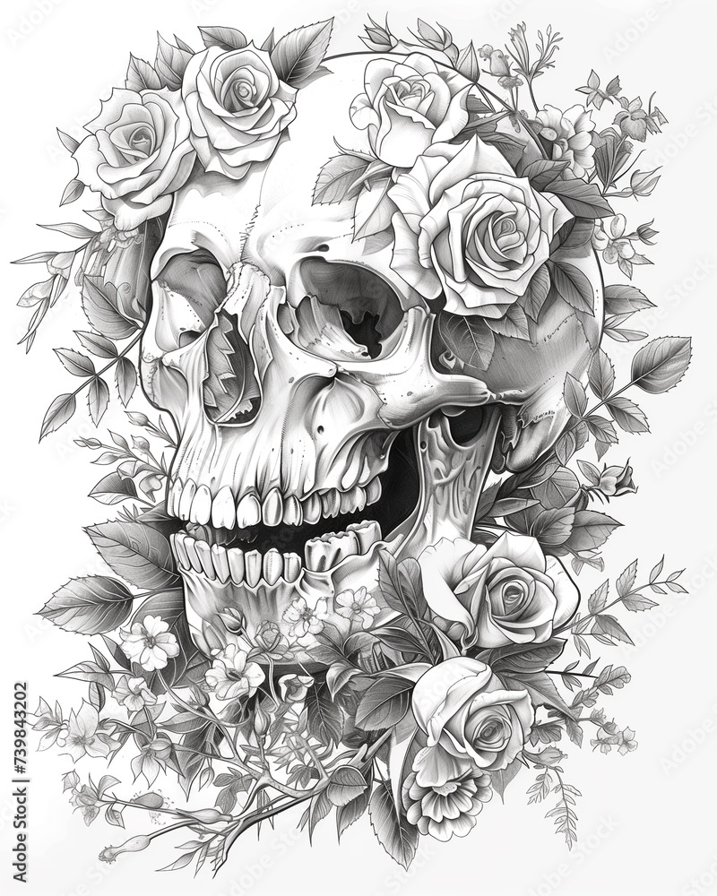 Skull design with flowers. Black and white illustration. Illustration ...