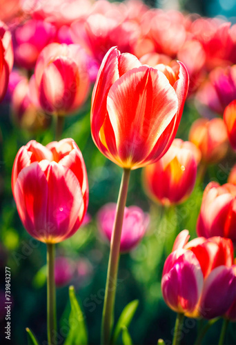 multi-colored tulips bloom in the park. Selective focus.