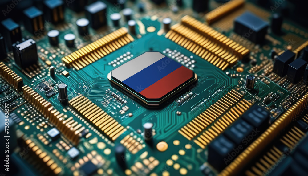 Russia flag on a processor, CPU or microchip on a motherboard. Concept for the battle of global microchips production. Russia flag on a processor, CPU or microchip on a motherboard. Concept for the battle of global microchips production.