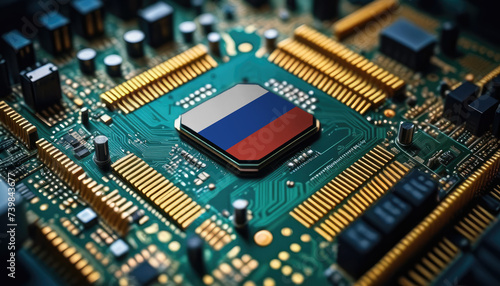 Russia flag on a processor, CPU or microchip on a motherboard. Concept for the battle of global microchips production.