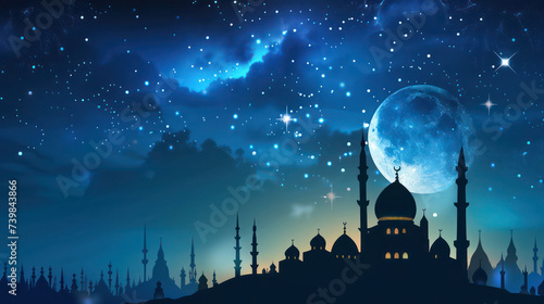 Mosque minaret moon Ramadan Eid postcard template copy space
