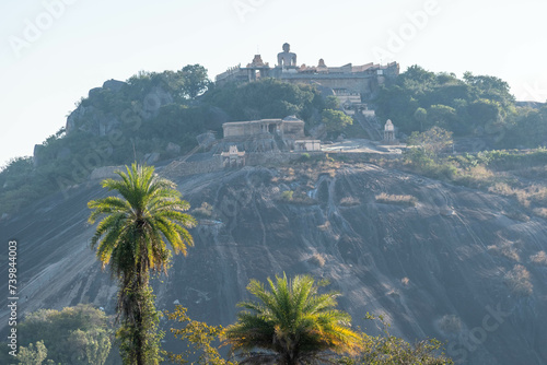 Majestic Shravanabelagola Jain Statue Overlooking the Town at Dawn in Karnataka, India. photo