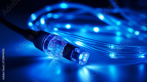 blue light in motion in internet cable, information transfer or digital data transfer technology, cyber tech background wallpaper, communication network