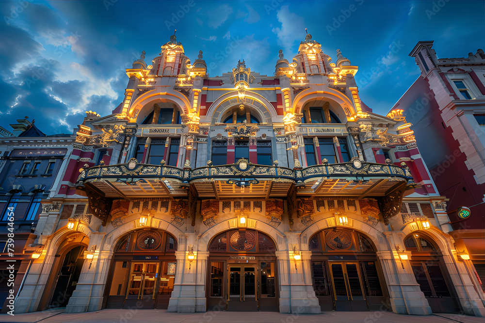 A warm, dusk photo of Sands Theatre shows intricate architectural details in golden accents against the deep blue sky.