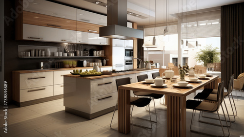 Modern interior design of a bright large kitchen. Generative AI.