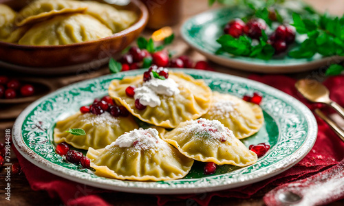 dumplings with cherries on a plate. Selective focus.