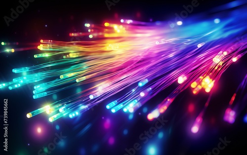 An abstract image of fiber optic cables glowing with multicolored lights, representing the speed of data transmission Black background