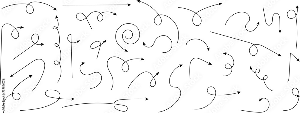 Hand drawn arrows. Simple curved arrows set isolated on white background. Zigzag arrow stripes design with lines. Doodle, sketch style. Vector illustration. Hand drawn arrows. Simple curved arrows set isolated on white background. Zigzag arrow stripes design with lines. Doodle, sketch style. Vector illustration.