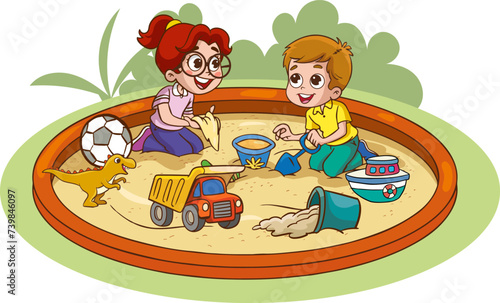 Children playing in the sandbox on a white background. Vector illustration.