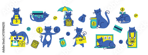 Set of cats with money funny trendy stickers. Banking related objects, symbol of wealth, Bank, capital and elements. Hand drawn retro doodle illustration collection.