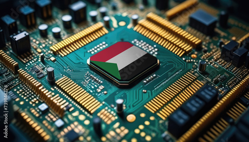 Sudan flag on a processor, CPU or microchip on a motherboard. Concept for the battle of global microchips production.