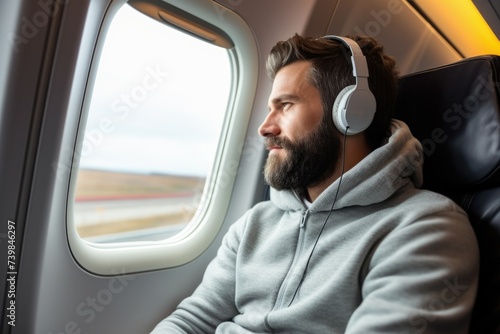 a man with a beard wearing headphones flies on an airplane and looks out the window. Comfortable flight. Journey. Business trip.