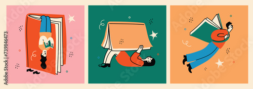 Book concepts set. Happy readers reading books and flying, laying , sitting everywhere. Flat trendy retro vector illustrations isolated on white background