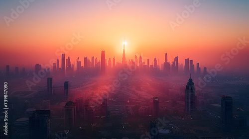 A city skyline, with skyscrapers bathed in the warm glow of the setting sun as the background, during a rooftop party celebrating the summer solstice