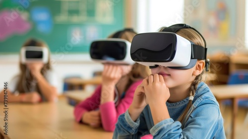 Child, teenager wearing VR glasses. Technological concept of education in virtual reality, learning at school. Background for advertising. © JooLaR