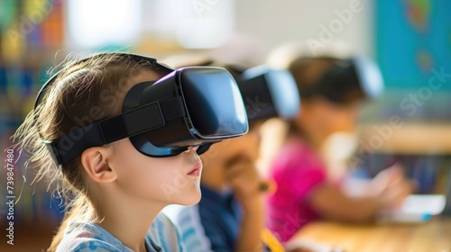 Child, teenager wearing VR glasses. Technological concept of education in virtual reality, learning at school. Background for advertising.