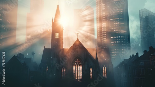 Bird's-eye view of church architecture with glass surfaces sparkling in the light of sunrise and sunset. Modern building and architecture background concept.