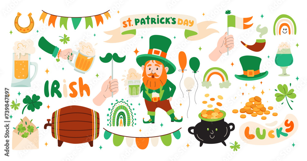 Obraz premium Set of St. Patricks Day elements. Hand drawn collection of icons. Holiday Irish stickers set.