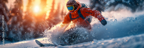 Dynamic Snowboarder in Action at Sunset - panorama