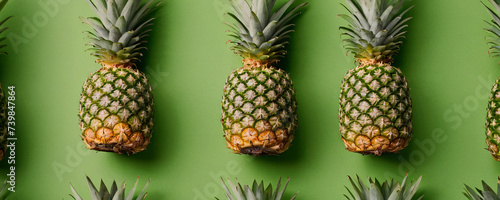 An array of ripe, golden pineapples artistically scattered against a soft, light green backdrop. The intricate patterns and vibrant hues of the pineapples stand out, embodying a fresh.