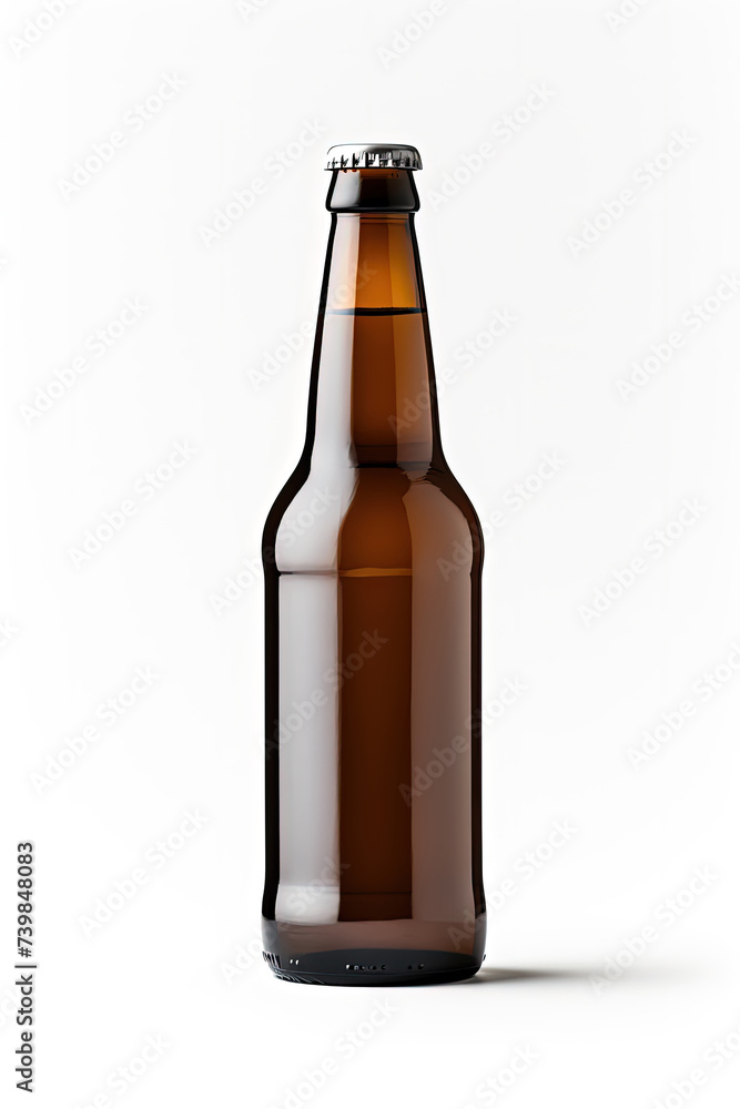 Brown beer bottle sits on top of clean white table, creating simple and minimalistic composition